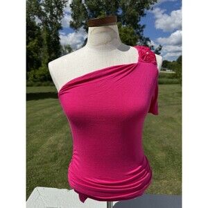 Misope Vintage Y2K One Shoulder Top Fuchsia Pink Pearl Ruched Barbie Medium